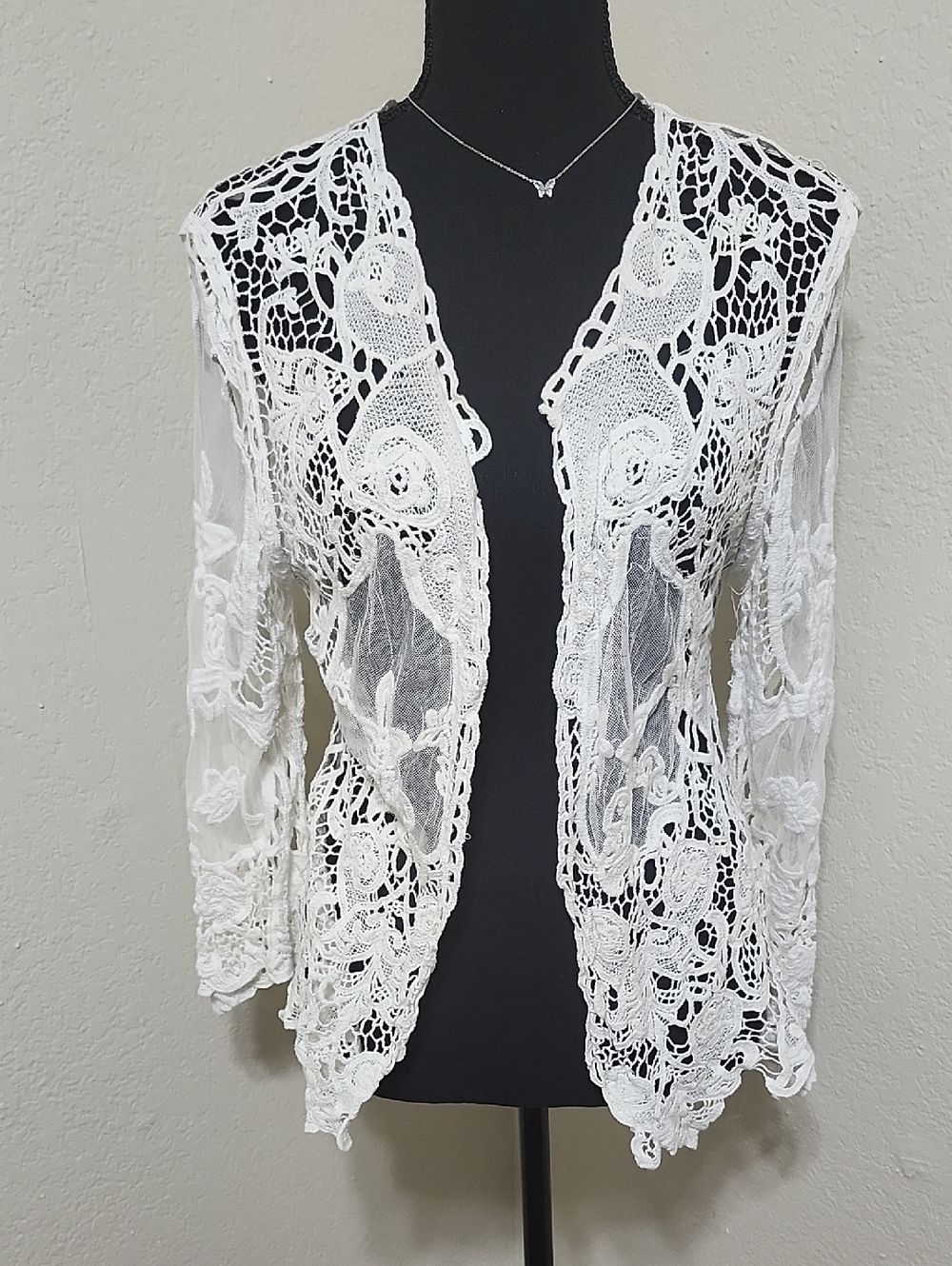 Mirror Image Ivory Crochet Lace Open Cardigan Sz S/M Boho Cottagecore Delicate
